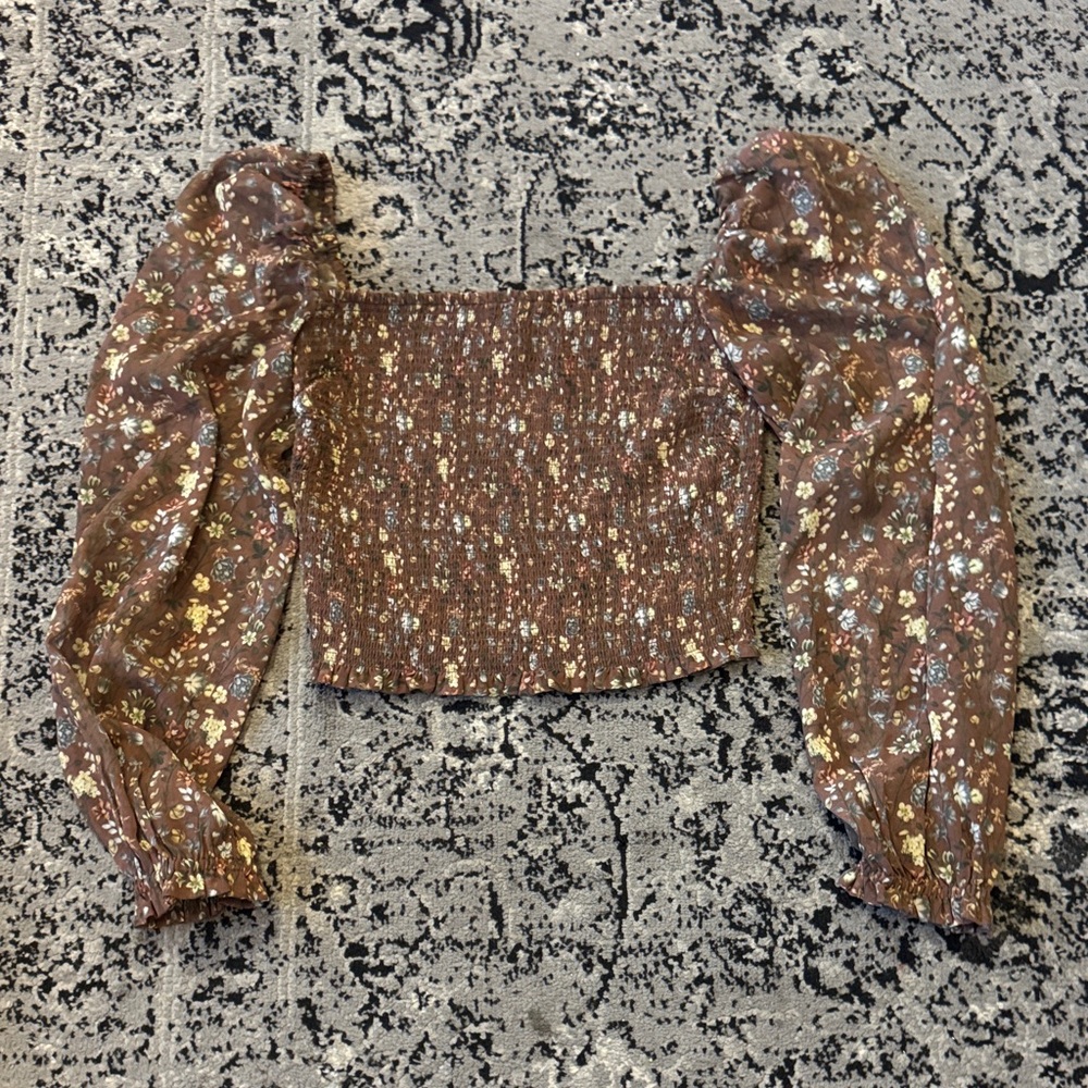 Wilfred Brown Floral Smocked Puff-Sleeve Crop Top